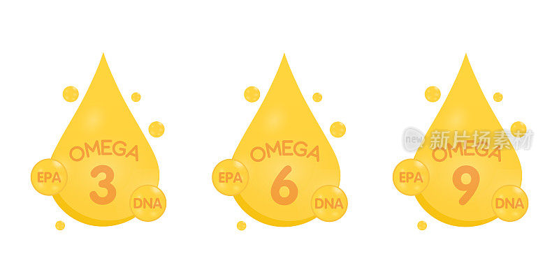 欧米茄3 6 9，金色图标。维生素滴丸胶囊。金光闪闪的精华滴。向量